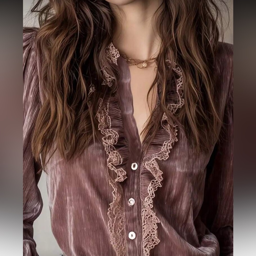 Luxe pink velvet lace ruffle detail blouse - Picture 9 of 10